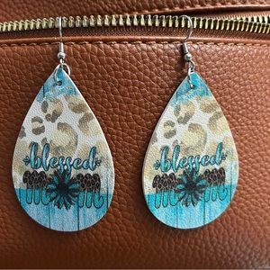 “Blessed Mom” NIP faux leather teardrop earrings 2.25”L. Design both sides.
